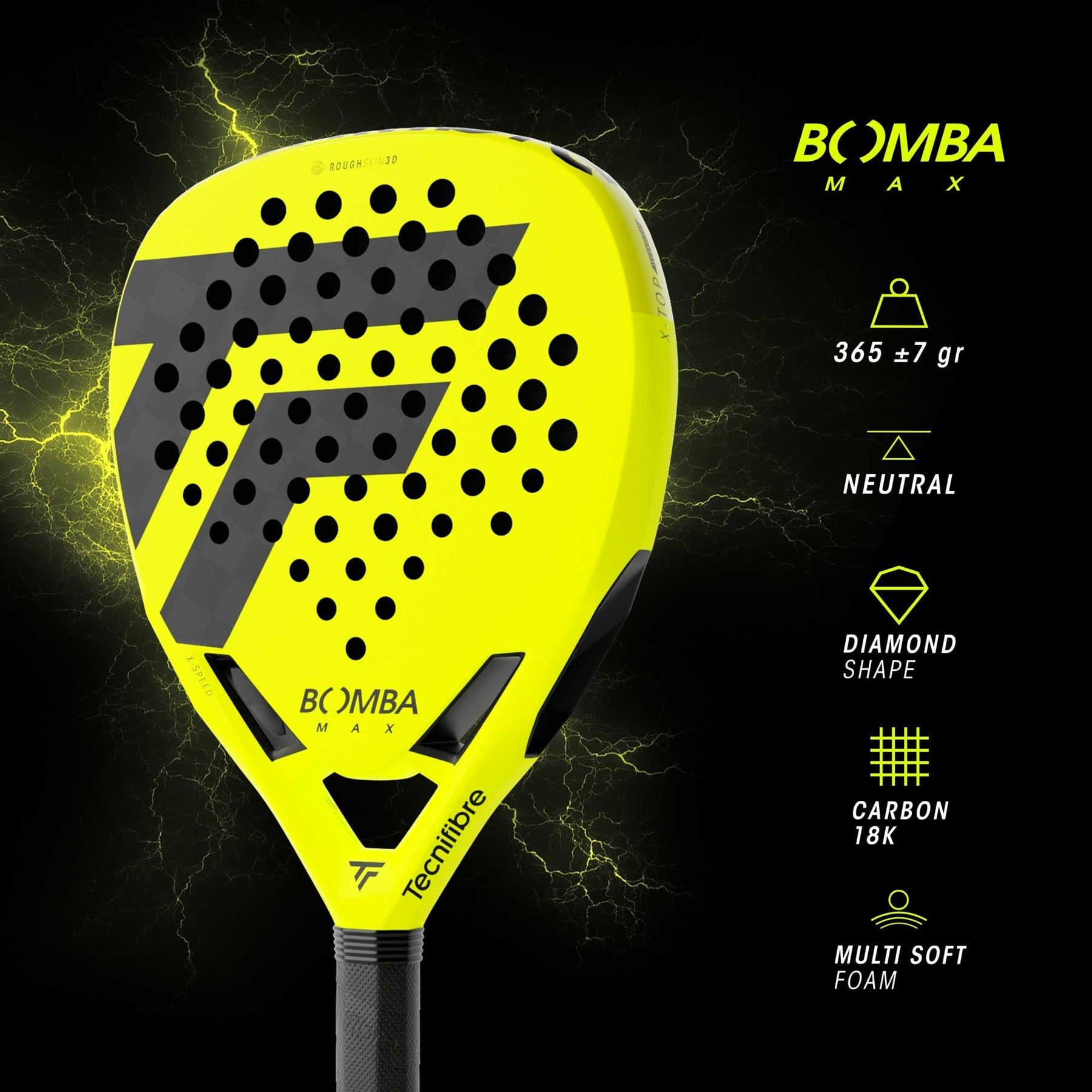 The Tecnifibre Bomba Max Padel Racket, in bright yellow with black accents, features 365g weight, neutral balance, diamond shape, carbon 18K construction, and multi soft foam—engineered for explosive power.