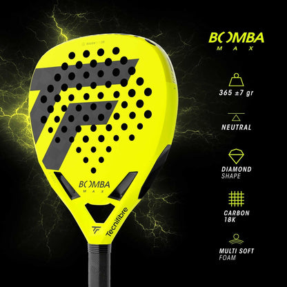 The Tecnifibre Bomba Max Padel Racket, in bright yellow with black accents, features 365g weight, neutral balance, diamond shape, carbon 18K construction, and multi soft foam—engineered for explosive power.