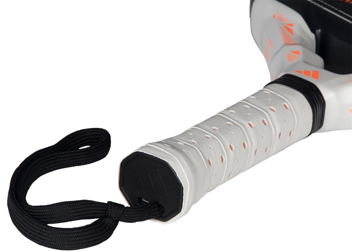 Close-up of the adidas Metalbone Team Light 2026 Padel Racket - Black handle, featuring a perforated grip and black wrist strap—perfect for advanced players seeking comfort and control.