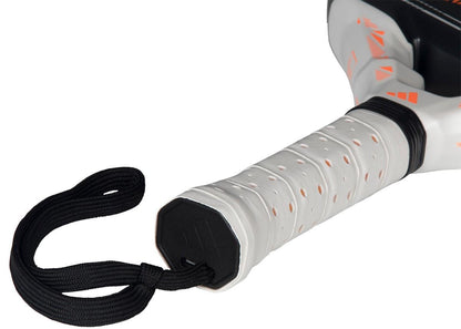 Close-up of the adidas Metalbone Team Light 2026 Padel Racket - Black handle, featuring a perforated grip and black wrist strap—perfect for advanced players seeking comfort and control.