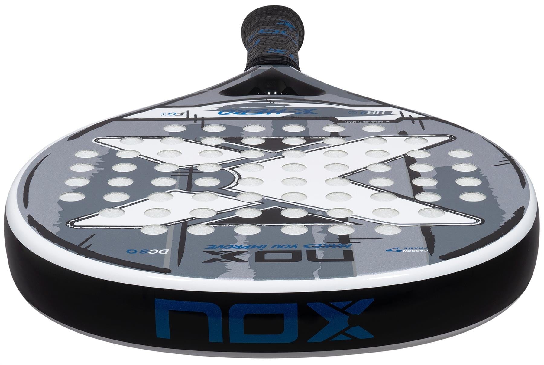 Close-up of the NOX X-Hero White Padel Racket, featuring a perforated surface with a bold "X" design—ideal for beginners wanting control and precision, with prominent NOX branding on the face and edge.