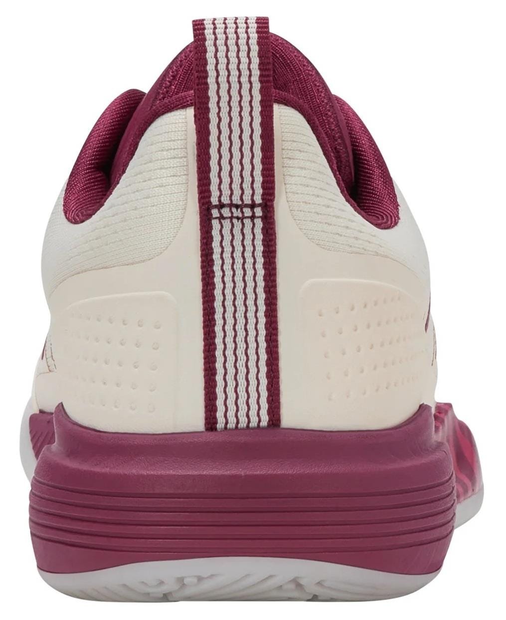 The K-Swiss Ultra Court Women's Padel Shoes in Jet Stream/Beaujois/Jazzy feature a white upper, maroon heel and sole, and a white pull tab with maroon stripes, plus a textured midsole and padded collar for court-ready comfort.