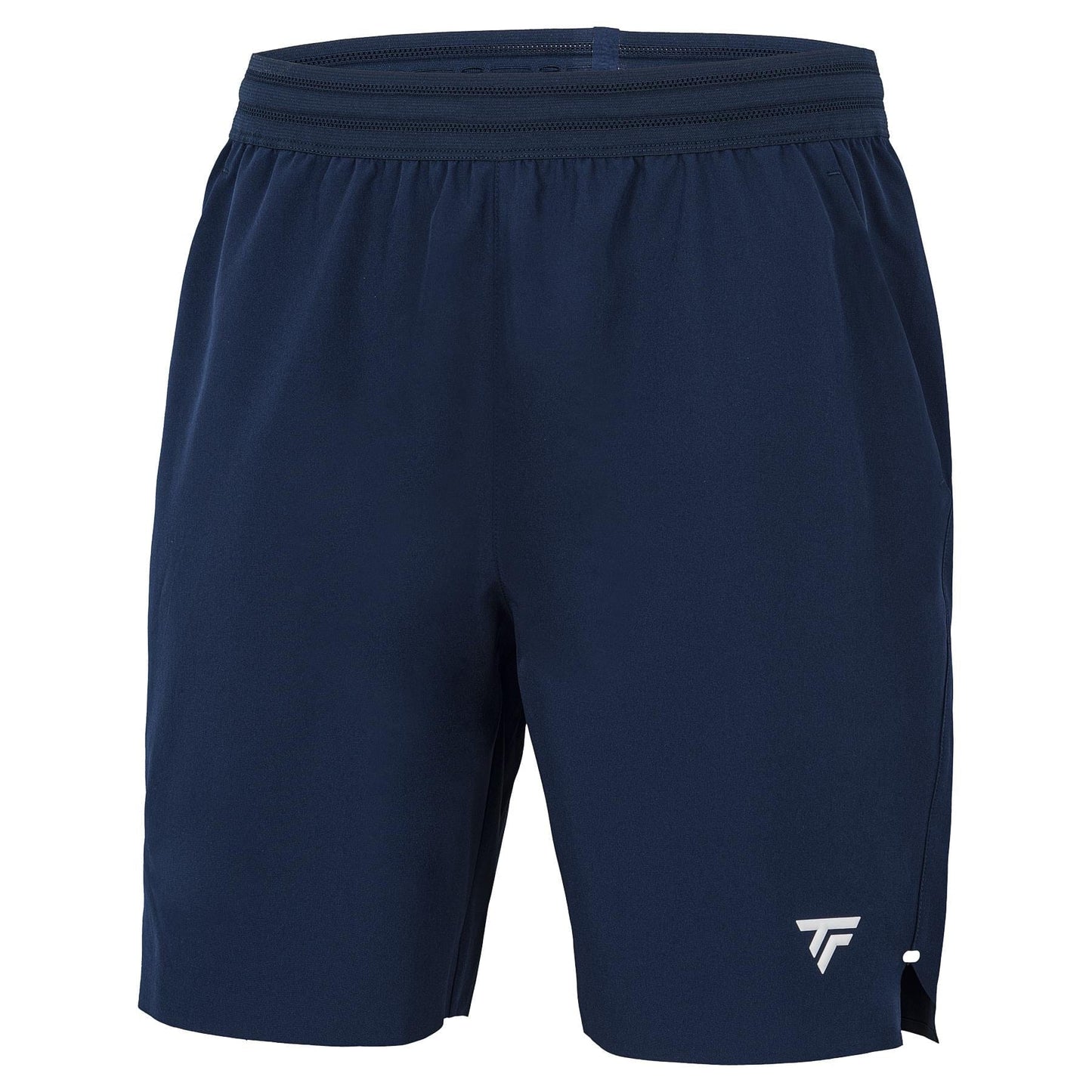 The Tecnifibre Team Stretch Men's Padel Shorts in marine blue feature a breathable design, elastic waistband, and a small white logo on the lower left leg—ideal for active days.
