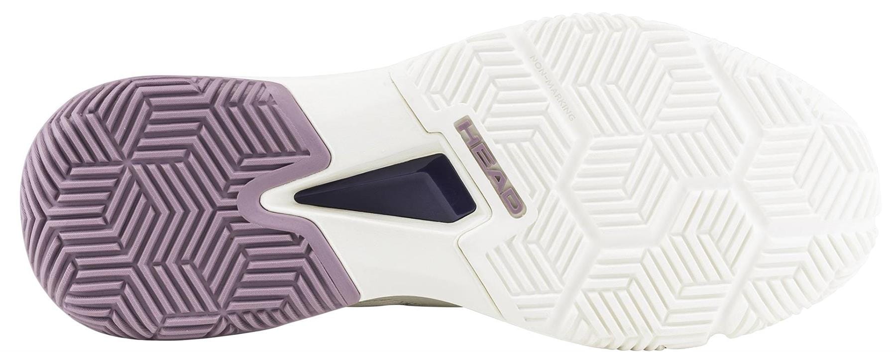 Close-up of the HEAD Motion Team 1.5 Womens Padel Shoes (Chalk White/Purple) sole, showing a geometric tread, dark central triangle, and embossed "HEAD" detail—ideal grip for serious padel play.