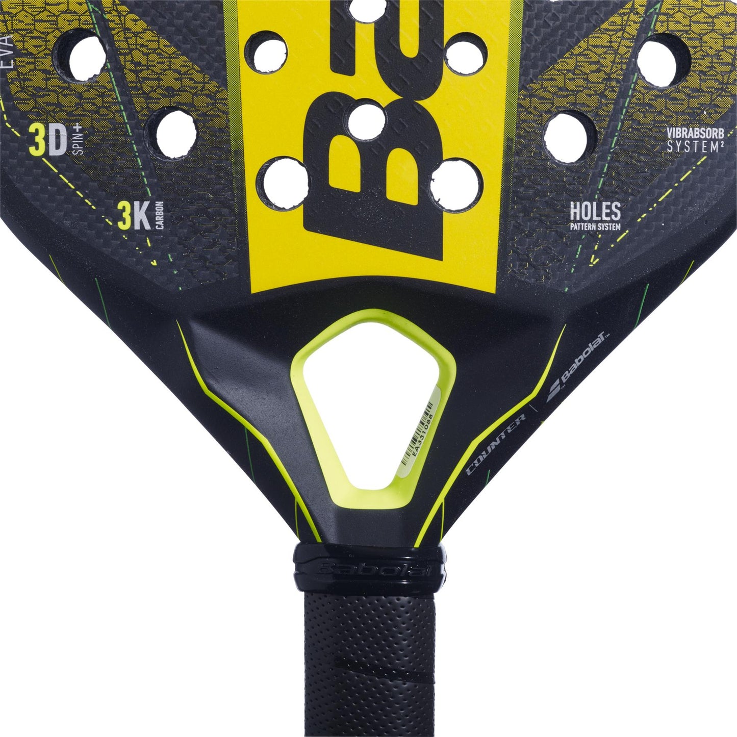 Close-up of the Babolat Counter Viper Padel Racket head in black and yellow, showcasing a textured surface with the Babolat logo prominently displayed. Strategically arranged holes boost extreme power, while its handle, with a black grip, provides superior vibration dampening for optimal performance.