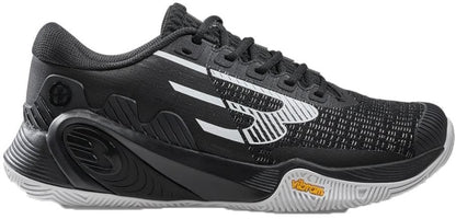 The Bullpadel Vertex Vibram 26V Men's Padel Shoes in black feature a stylish logo, textured upper, sculpted black midsole, and a durable gray Vibram outsole—ideal for those seeking reliable padel shoes from Bullpadel.
