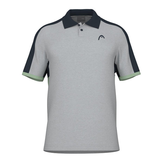 The HEAD Performance Play Tech Men's Polo Shirt - GRCE is crafted from Moisture Transfer Microfiber to enhance breathability. It features a light gray body with a discreet logo on the left chest, dark navy shoulder panels and sleeves, green trim at the cuffs, and is finished with a classic collar and button-down placket.