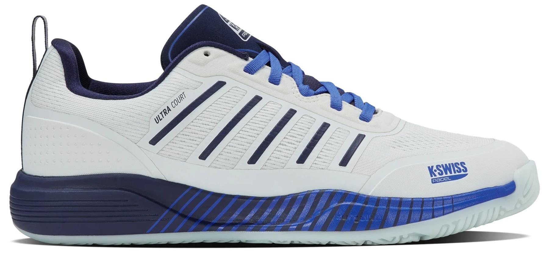 The K-Swiss Ultra Court Men's Padel Shoes in Bit Of Blue/Naval Academy/Dazzling Blue feature blue laces, navy stripes, the K-Swiss logo by the toe, and a white/navy sole with side stripes for high-performance play.