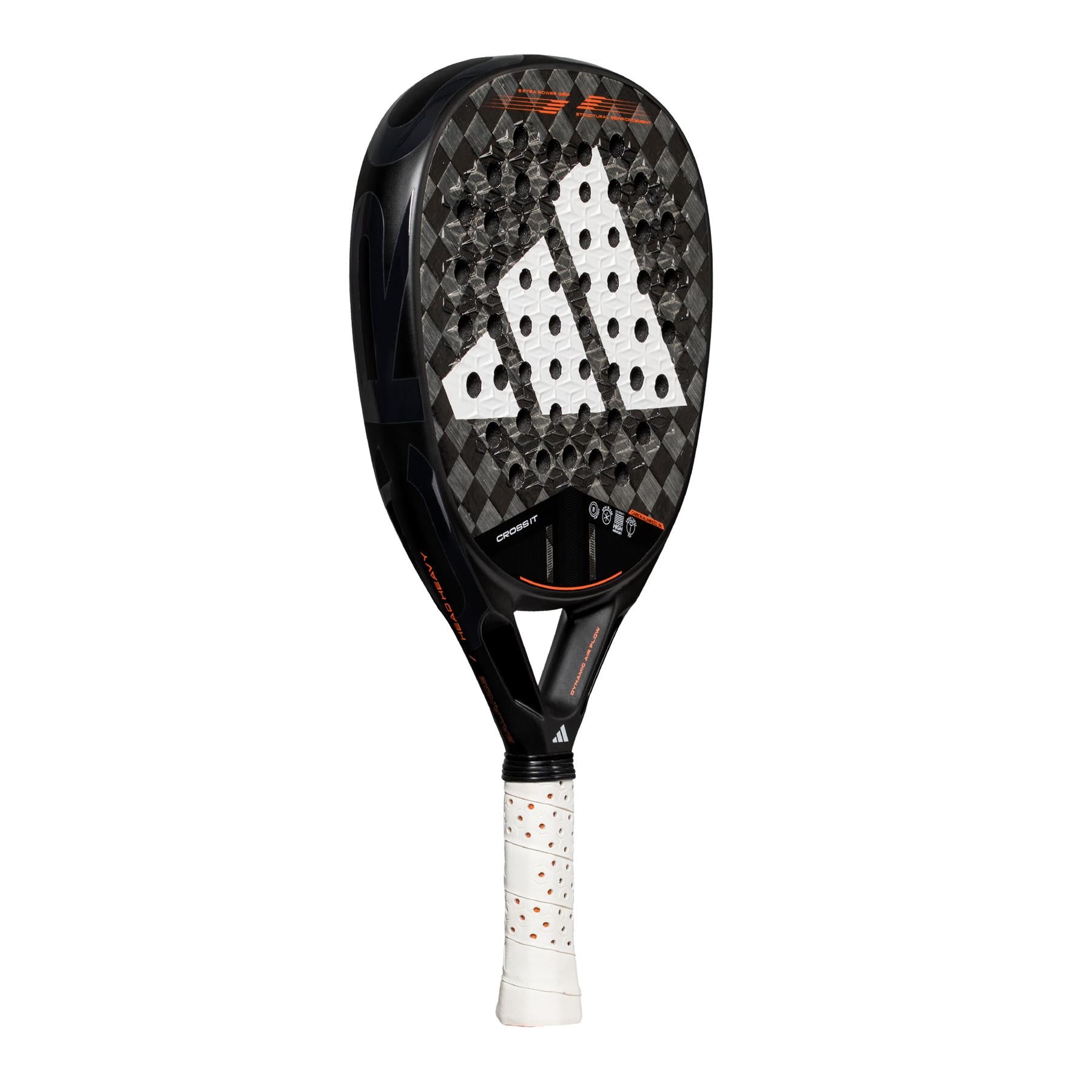 The adidas Cross It 3.4 Padel Racket in Black/Grey features a black, diamond oversized head with a large white logo and checkered pattern. Made from Carbon 15K, it has multiple holes and a handle wrapped in white tape with small red accents for optimal grip.