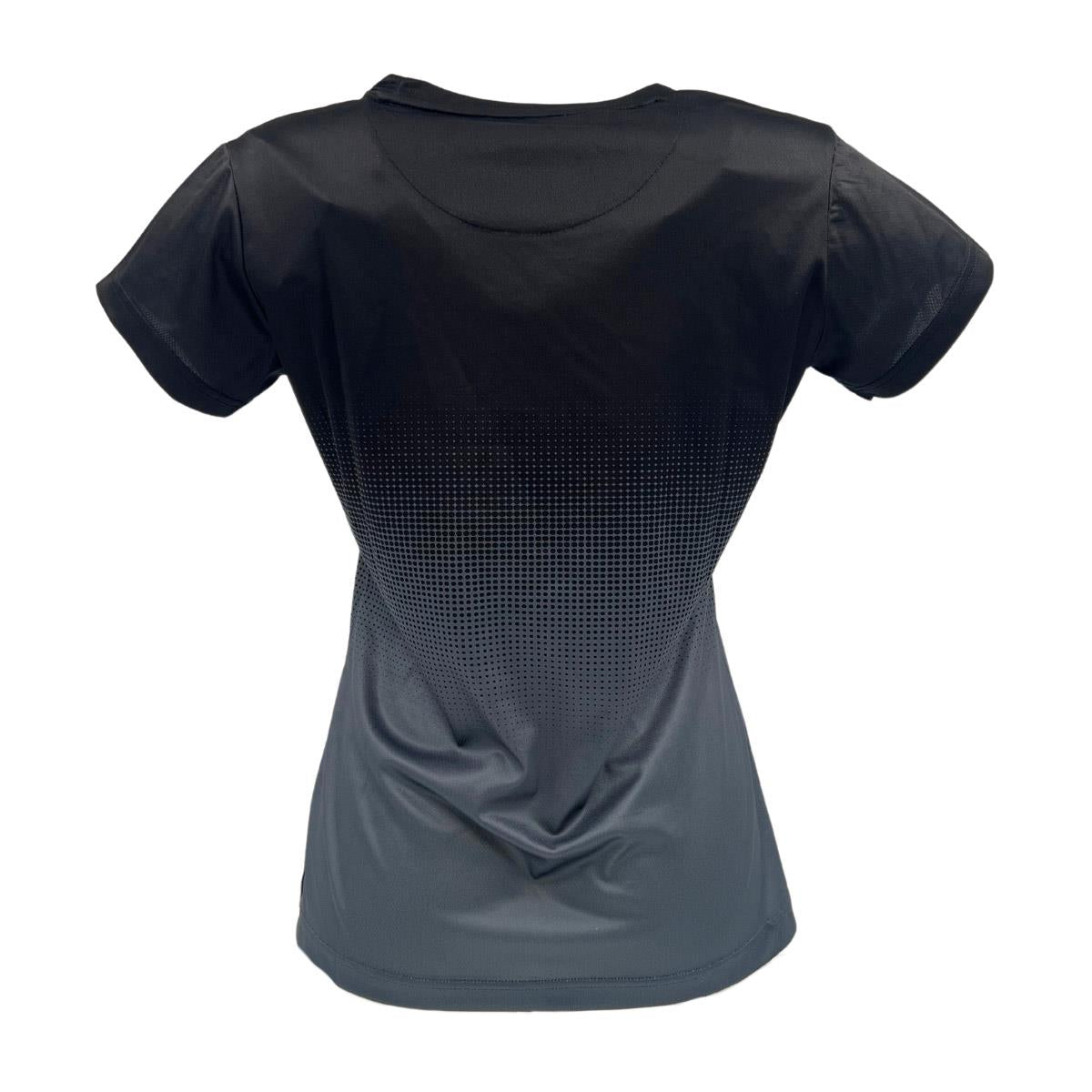 The Yonex YTL5 Women's Padel T-Shirt in Shadow/Black features a back gradient dot pattern transitioning from dark to light. Designed for performance, this short-sleeve shirt is made from moisture-wicking polyester for ultimate comfort.