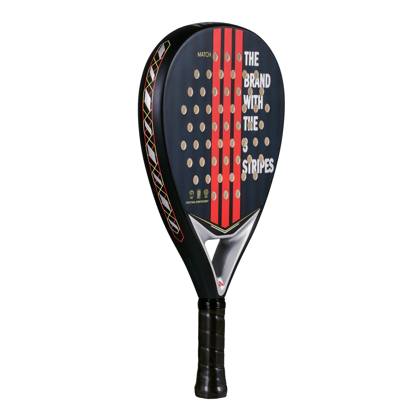 The adidas Match Blue 3.4 is a sleek padel racket with an AllRound head shape. It features three vertical red stripes, "The Brand with the 3 Stripes" in white, and a black grip tape for optimal handling.