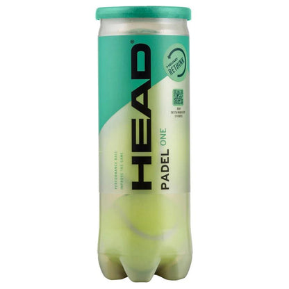 The HEAD Padel ONE Padel Balls tube features a green cylindrical design with black and white text. Inside are three visible yellow performance balls, and the green lid displays the "Rethink" logo.