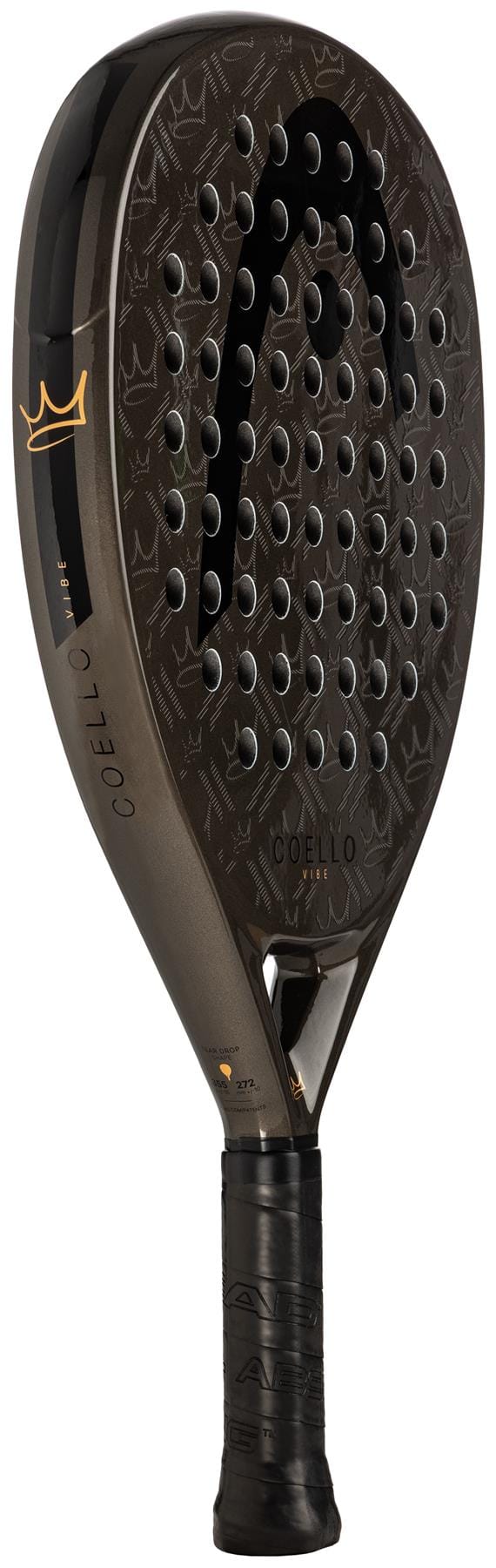 The HEAD Coello Vibe 2026 Padel Racket is a black, round, textured fibreglass racket with multiple holes, gold crown and “Coello” branding, and a black wrapped grip—ideal for beginners.