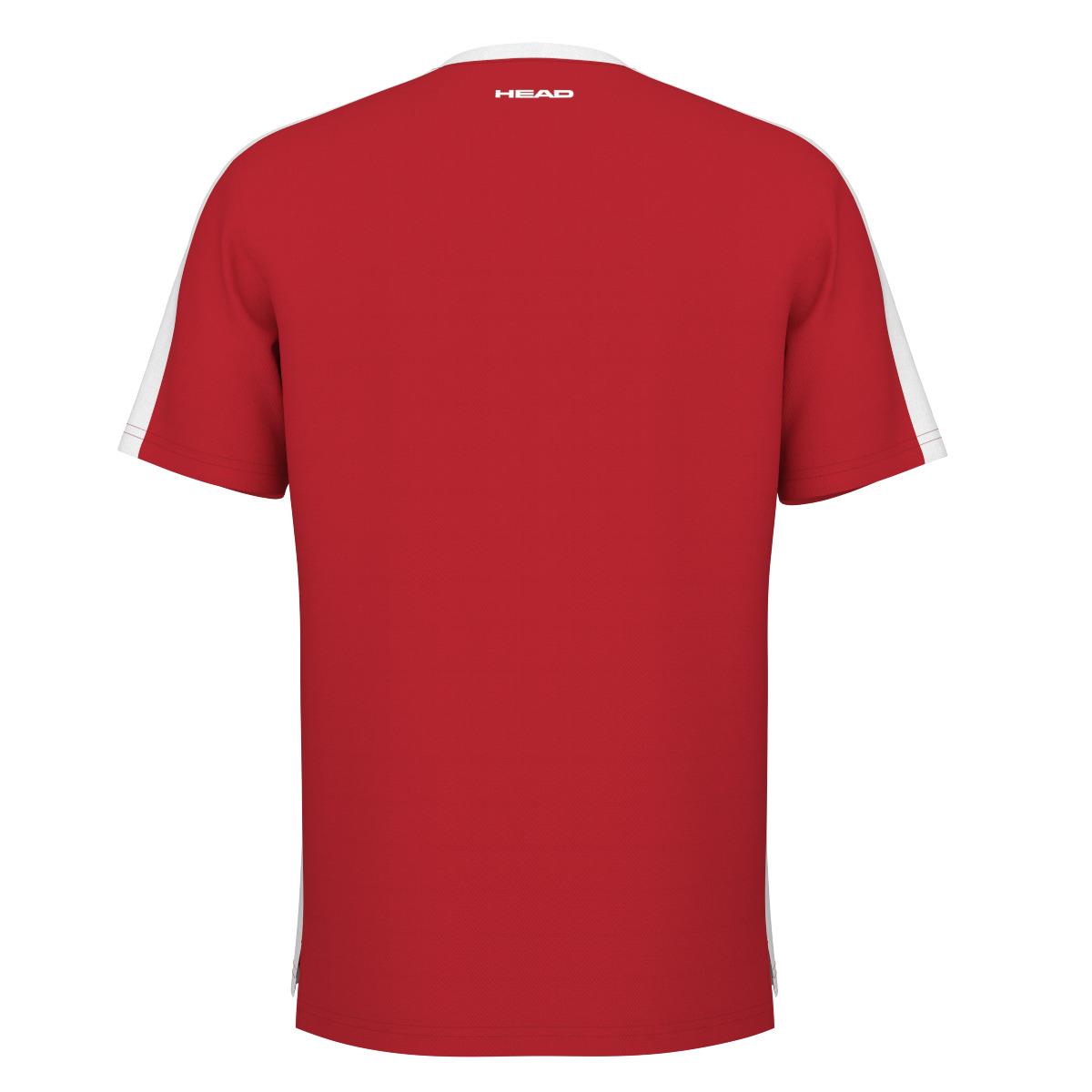 Back view of a red, short-sleeved HEAD Vision Slice Men's Padel T-Shirt, showcasing white side stripes. The shirt, recognized for its breathability, displays the word "HEAD" in white on the upper back and features Moisture Transfer Microfiber technology for improved comfort.