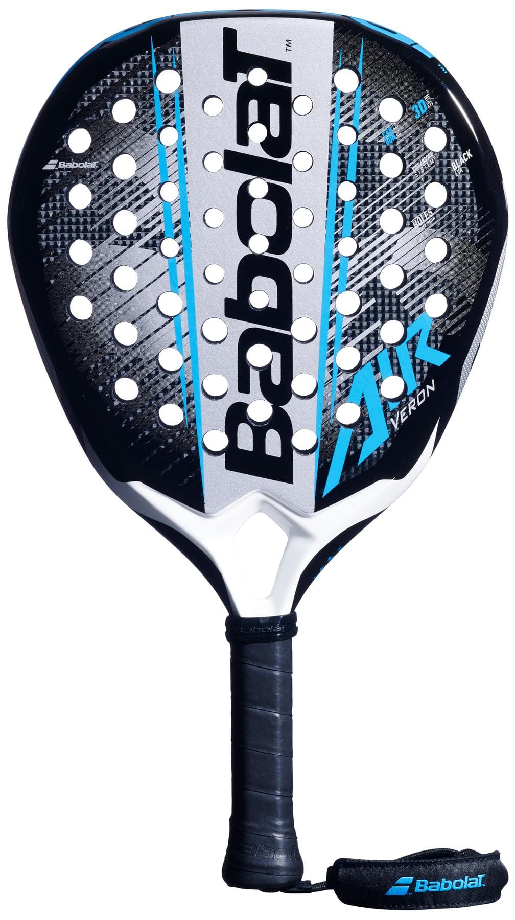 The Babolat Air Veron 2.6 Padel Racket features a teardrop shape, CarbonFlex tech, perforated face, bold black/blue design, white handle, wrist strap, and prominent branding—ideal for players wanting a lightweight padel racket.