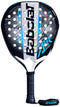 The Babolat Air Veron 2.6 Padel Racket features a teardrop shape, CarbonFlex tech, perforated face, bold black/blue design, white handle, wrist strap, and prominent branding—ideal for players wanting a lightweight padel racket.