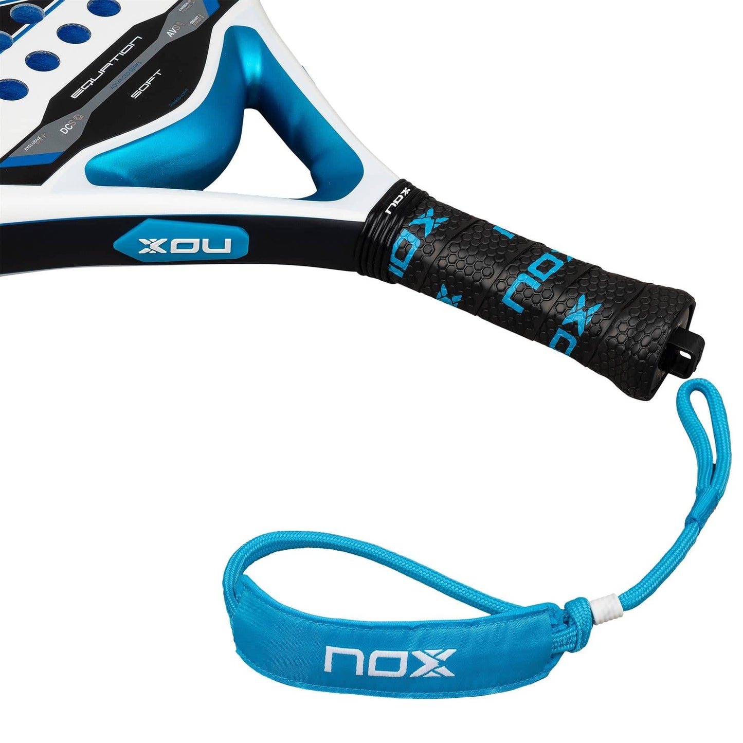 Close-up of the NOX Equation Soft Advanced 2026 Padel Racket handle by NOX, with a black grip, blue accents, and a blue wrist strap featuring the NOX logo. Blue holes on the edge and face highlight its advanced anti-vibration system.