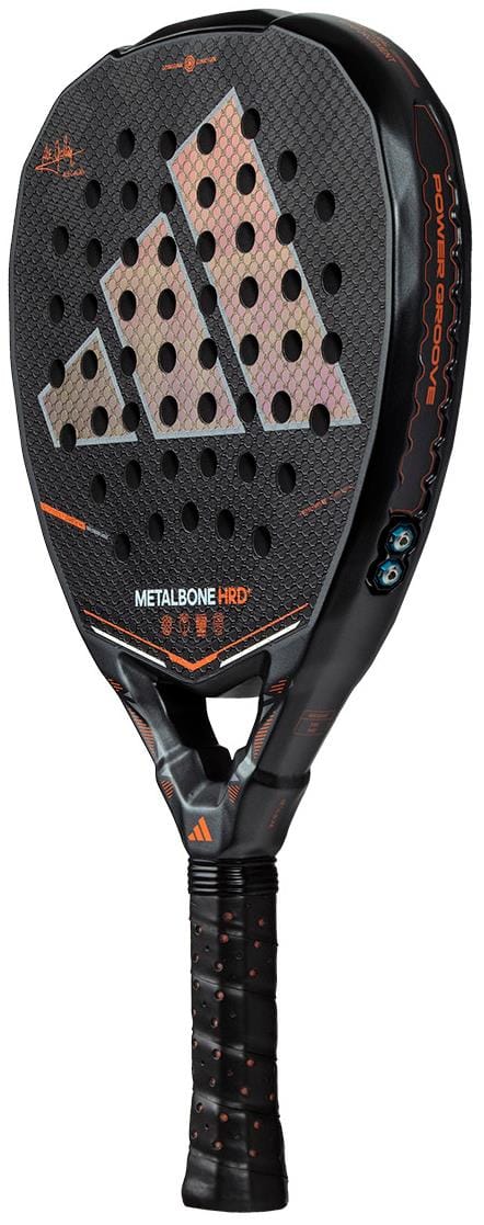 The adidas Metalbone HRD+ by Ale Galán 2026 Padel Racket in black with red accents features a hexagonal pattern, perforated holes, and "METALBONE HRD" text—ideal for players seeking power.