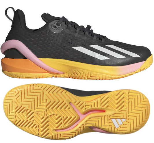 An ADIDAS Adizero Cybersonic men's all-court shoe in Aurora Black with Zero Metallic accents features a striking Spark-colored sole. The outsole displays a herringbone tread pattern, enhanced with Energy Rods for exceptional support, ideal for all-court play. It is showcased to highlight both the side and the sole.