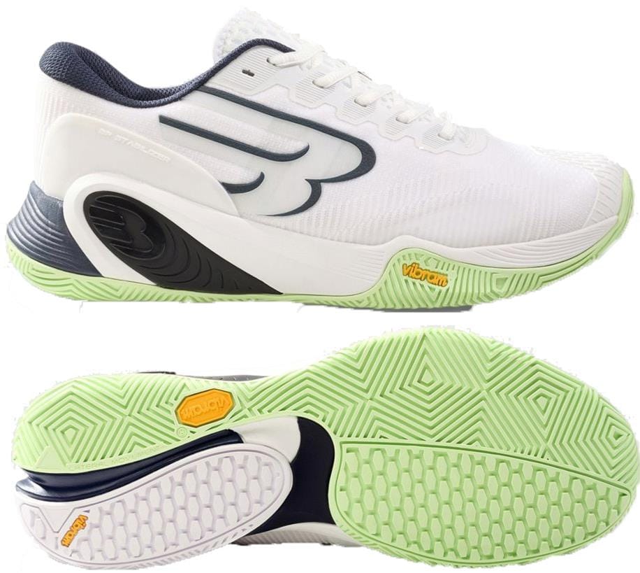 Bullpadel Hack Vibram 26V Men's Padel Shoes in white, with light green textured Vibram outsole, black side design, yellow Vibram logo on the sole, and black detailing. Side and bottom views shown. Brand: Bullpadel.
