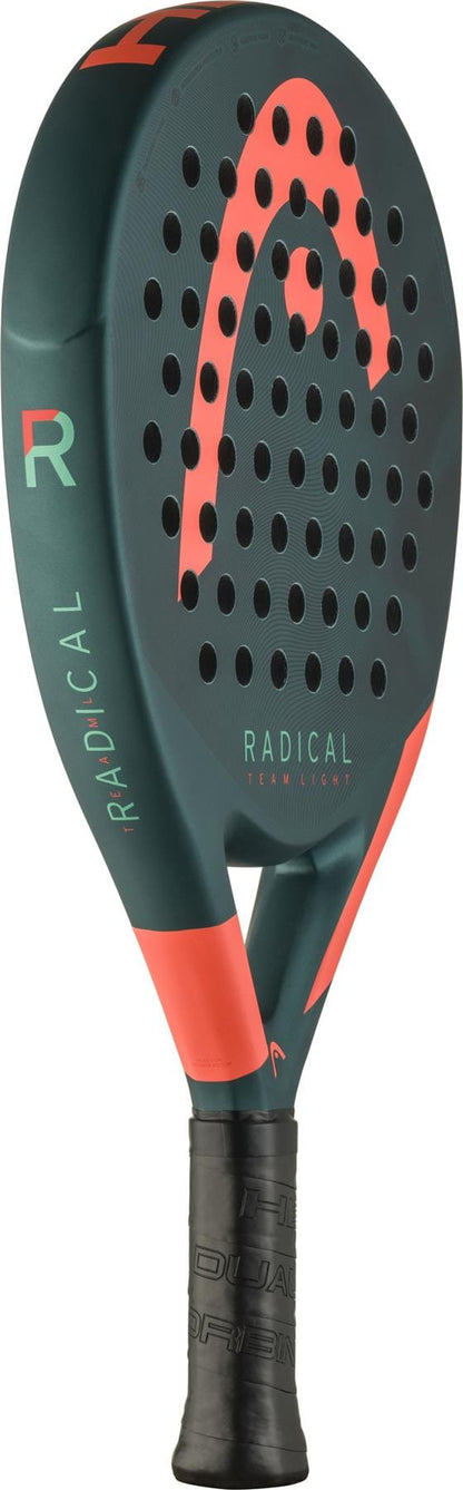 The HEAD Radical Team Light 2026 Padel Racket by HEAD features a green and orange design, circular holes on the face with “RADICAL” branding and Head logo, plus a lightweight build and comfortable black grip handle.