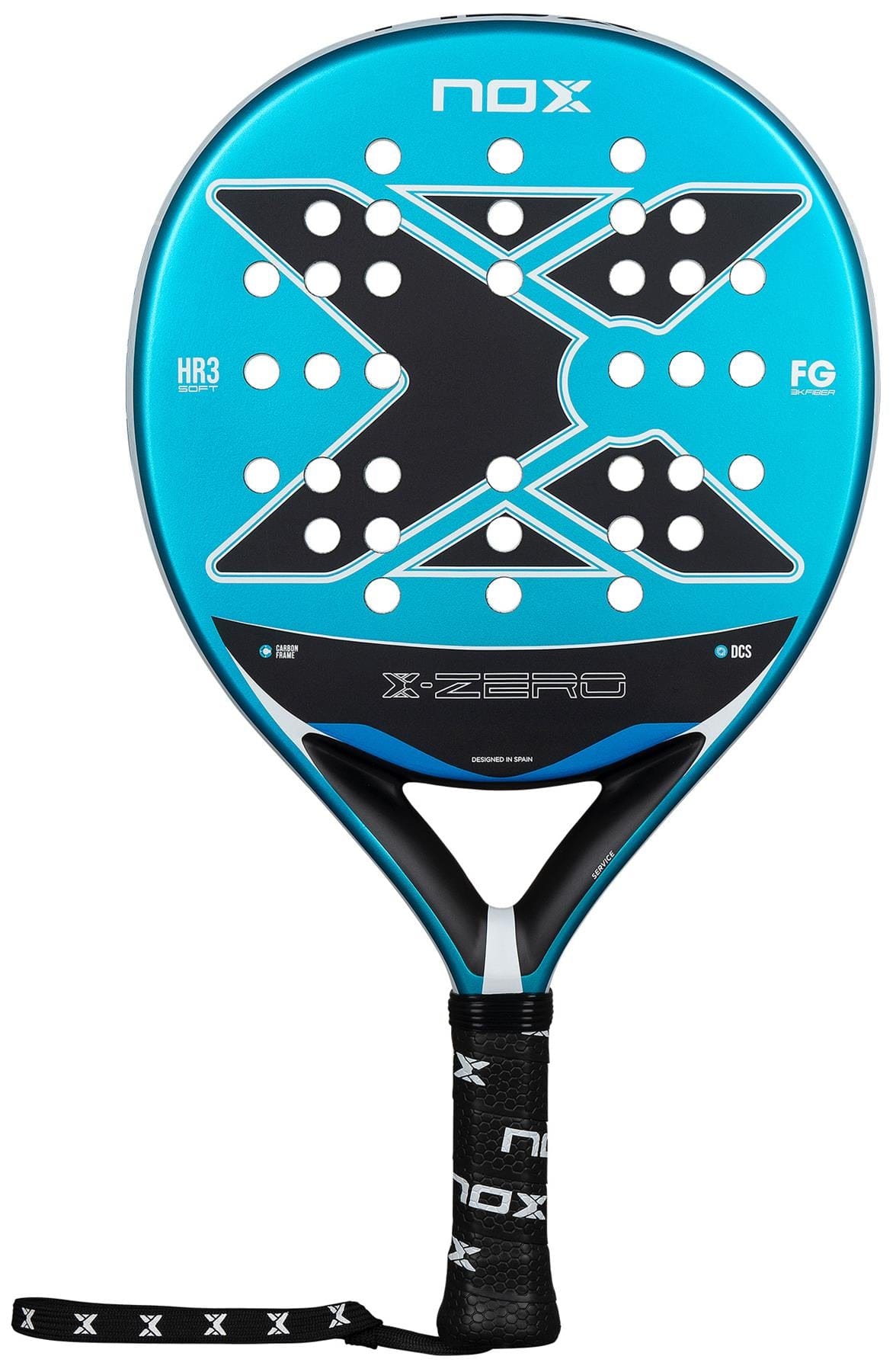 The NOX X-Zero Blue Padel Racket by NOX features a striking blue and black design, large X graphic in the center, and a black grip with wrist strap—ideal for beginners seeking greater control on the court.