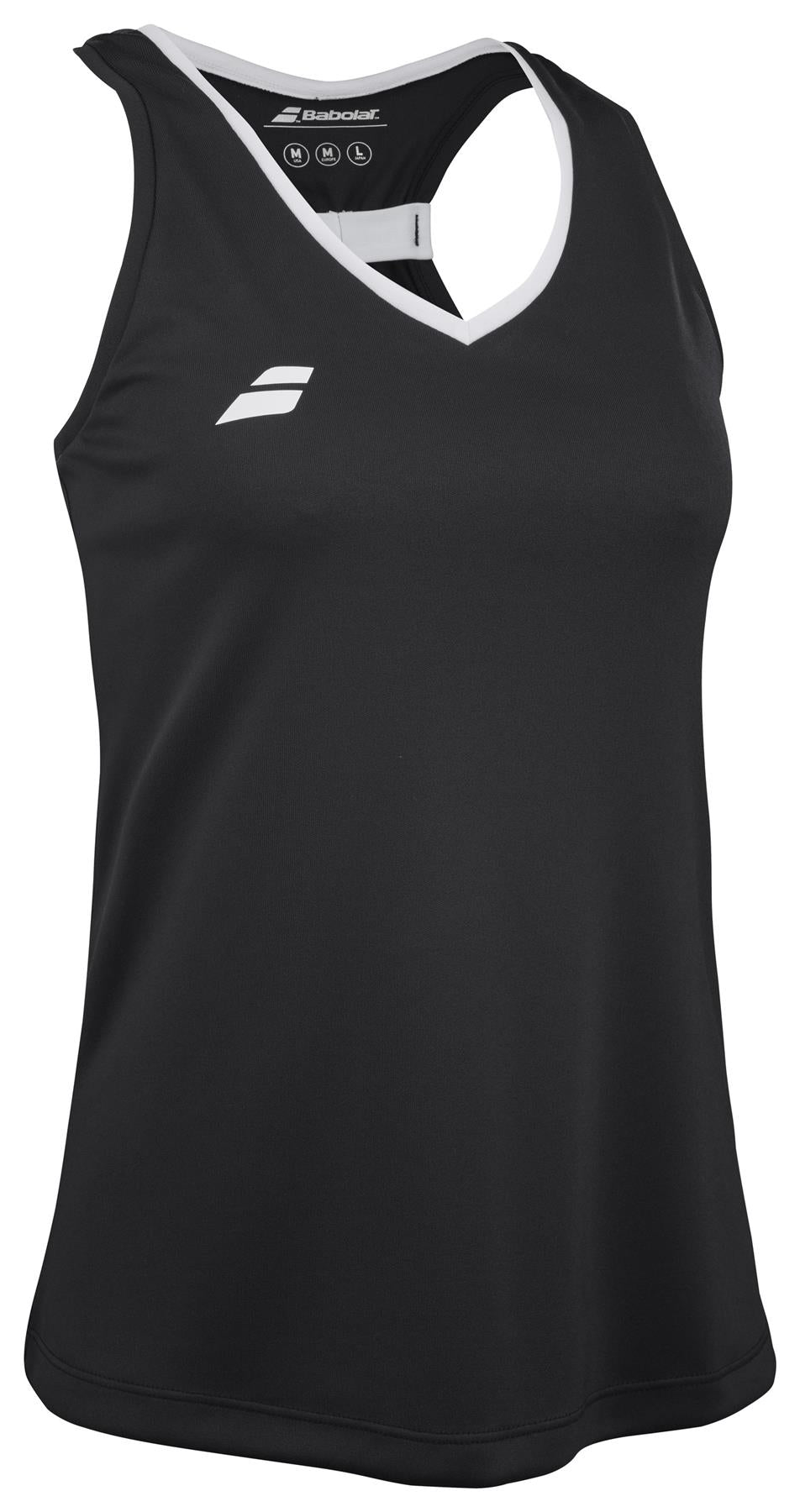 The Babolat Play Women's Padel Tank Top in black features a white neckline, a small logo on the left chest, and is crafted from Fiber Dry-polyester. Designed with a racerback for comfort during intense matches.