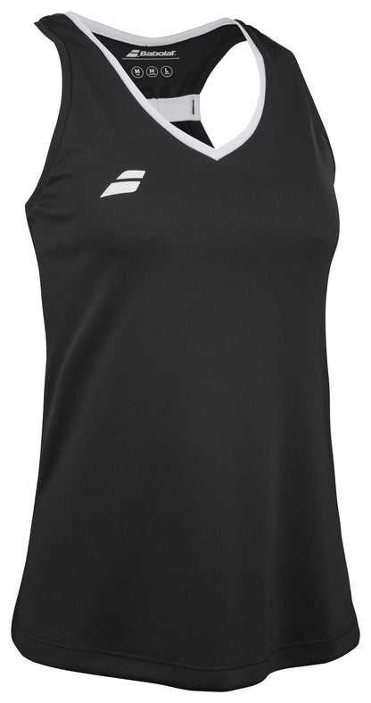 The Babolat Play Women's Padel Tank Top in black features a white neckline, a small logo on the left chest, and is crafted from Fiber Dry-polyester. Designed with a racerback for comfort during intense matches.