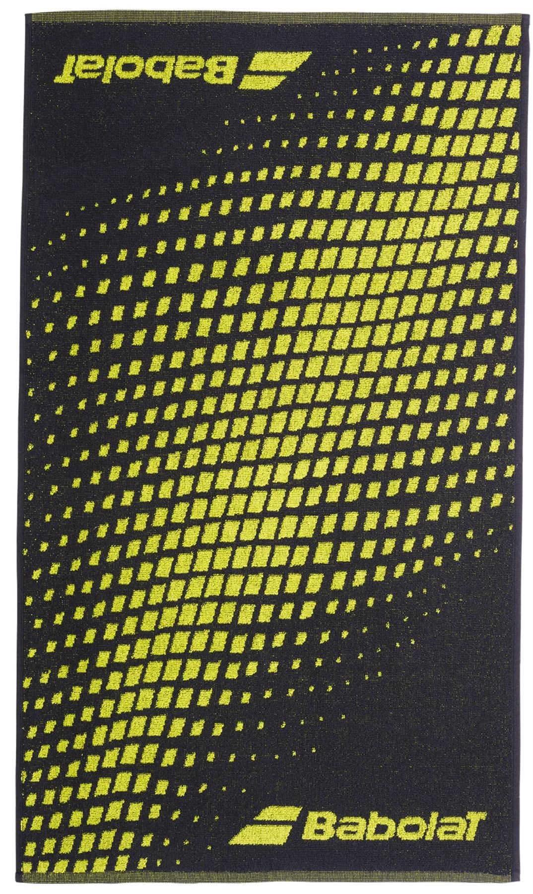 The Babolat Medium Towel - Aero / Grey is a rectangular cotton towel featuring a black background, yellow dotted diagonal pattern, and the Babolat logo and name in yellow at two corners—ideal for use as a tennis towel.