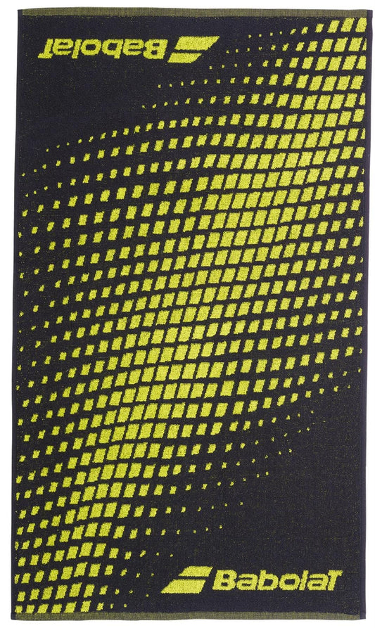 The Babolat Medium Towel - Aero / Grey is a rectangular cotton towel featuring a black background, yellow dotted diagonal pattern, and the Babolat logo and name in yellow at two corners—ideal for use as a tennis towel.