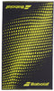 The Babolat Medium Towel - Aero / Grey is a rectangular cotton towel featuring a black background, yellow dotted diagonal pattern, and the Babolat logo and name in yellow at two corners—ideal for use as a tennis towel.