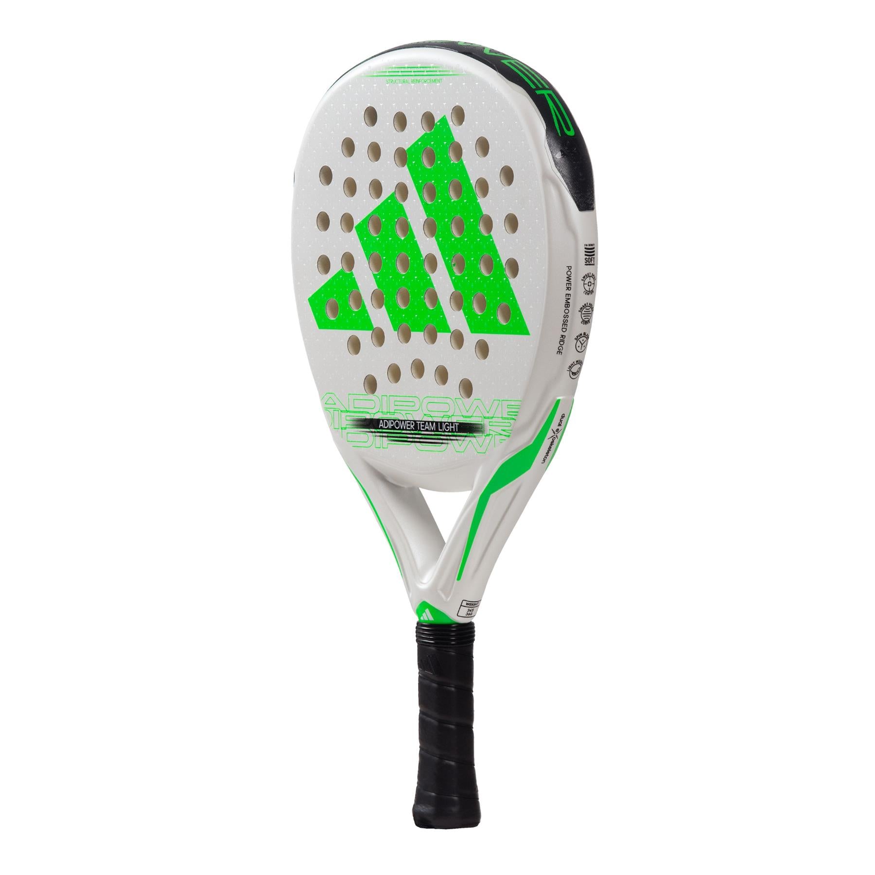 Introducing the ADIDAS Adipower Team Light 3.3 Padel Racket in a striking white and green design, perfect for intermediate players eager to elevate their game. This versatile racket from adidas not only excels on the padel court but also brings style and performance with its sleek look.