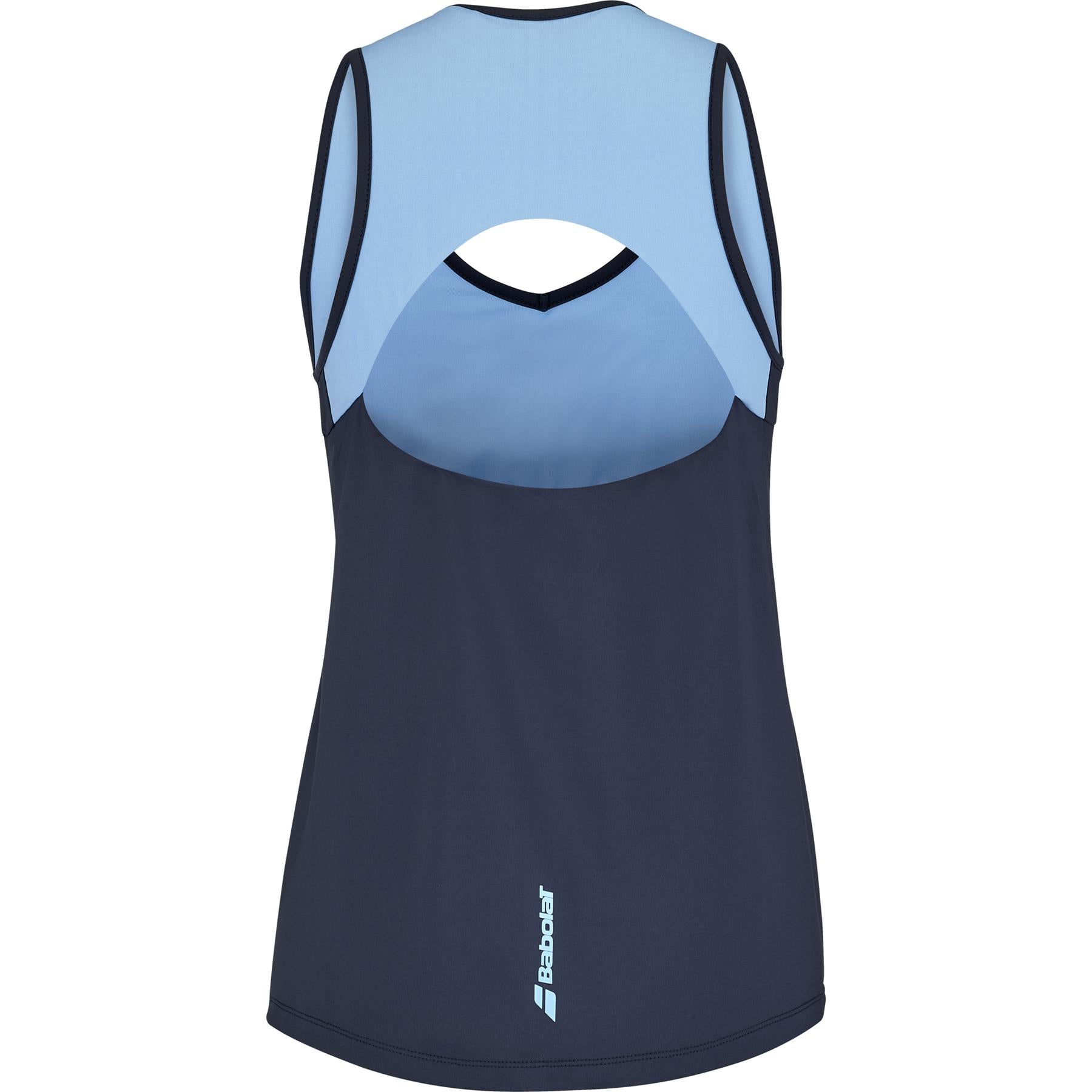 The Babolat Drive Women's Padel Tank Top features a sleeveless design with a light blue upper and darker blue lower, plus a stylish back cutout and logo near the hem. It's crafted using Fiber Dry technology for increased comfort.