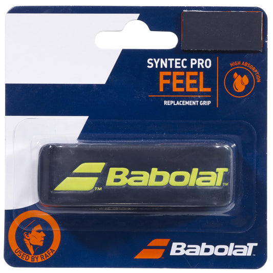 The Babolat Syntec Pro X1 Replacement Padel Grip, in a sleek black design with yellow branding, is presented to highlight its excellent absorption capabilities. With the inclusion of a player’s silhouette, it emphasizes its professional circuit usage, making it an ideal option for dedicated athletes.