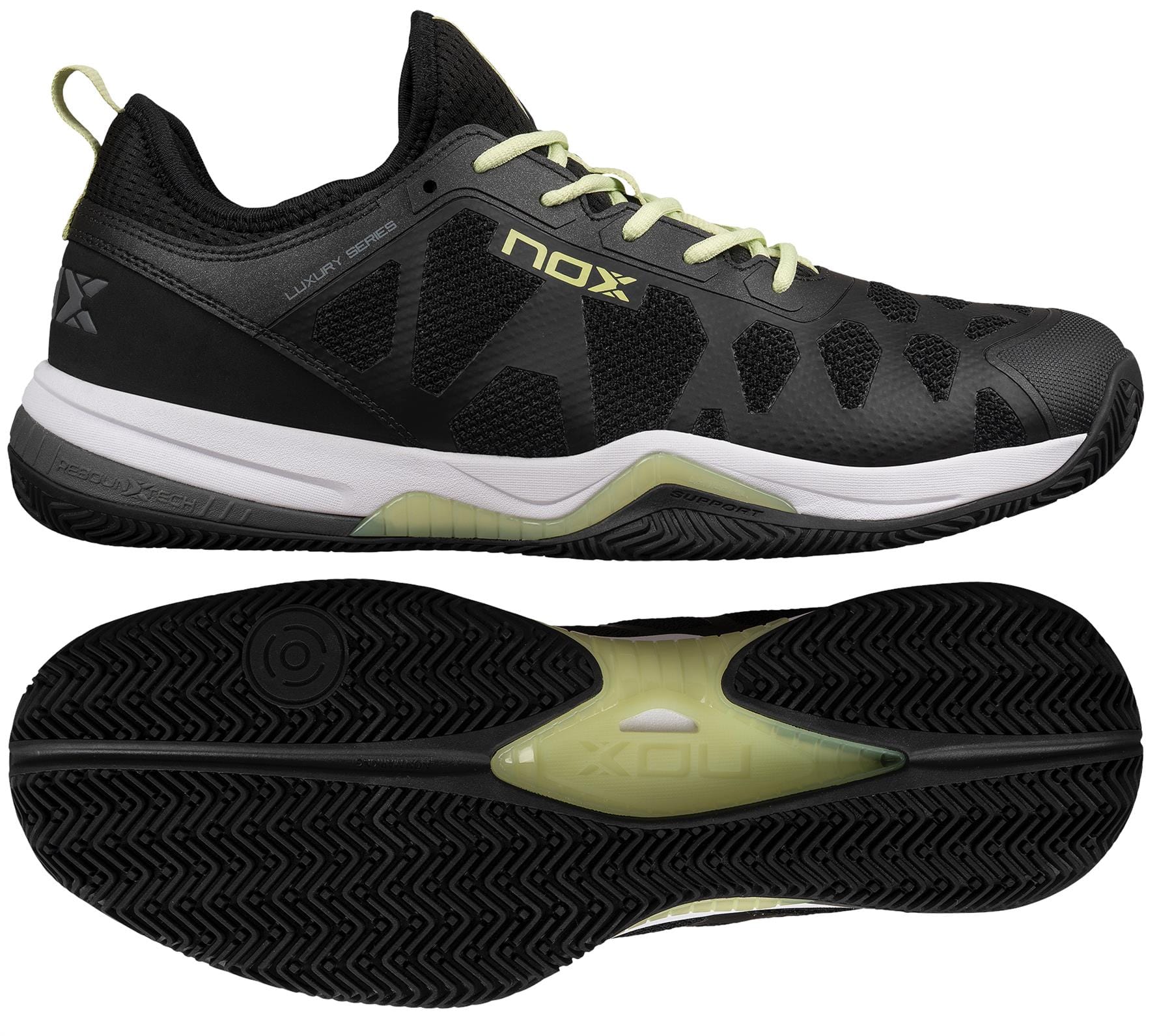 NOX Nerbo Men's Padel Shoes in black with soft lime accents are shown from the side and bottom, featuring a mesh upper, textured sole, Ortholite comfort insole, and NOX branding on the side and heel.