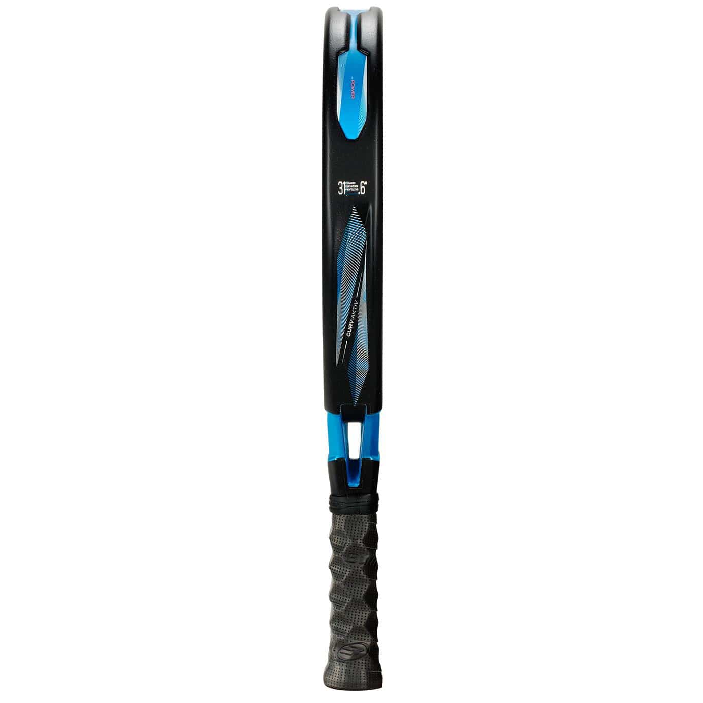 The Bullpadel Vertex 05 Hybrid 2026 Padel Racket in black and blue features a hybrid shape, black grip, blue and black frame, and comes with a protective cover. Shown from the side with strings facing sideways. Brand: Bullpadel.