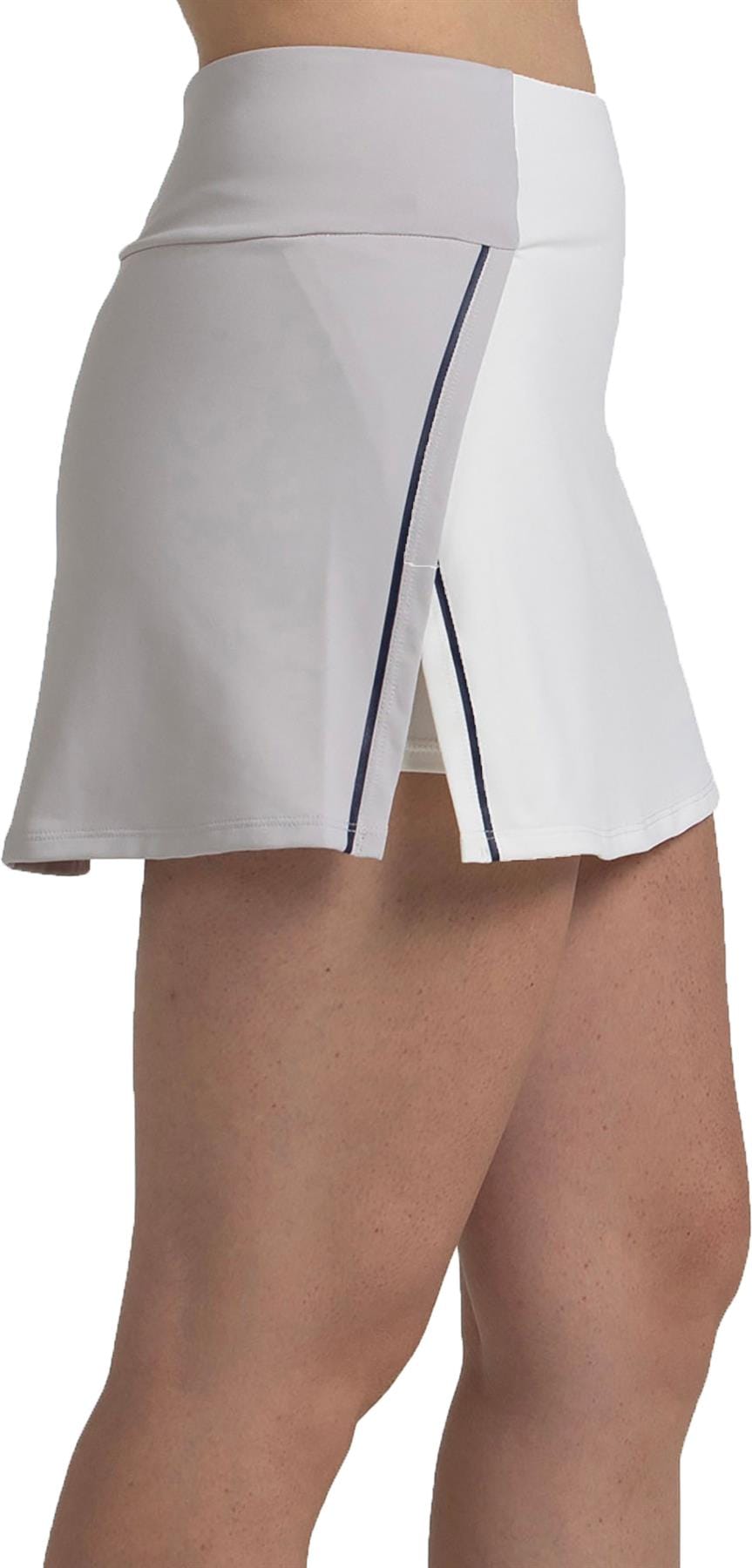 A close-up side view shows a person wearing the Bullpadel Pugue Women's Padel Skirt in Bone—a high-waisted, white performance skirt with a front slit and thin dark stripe, revealing their waist and upper legs.