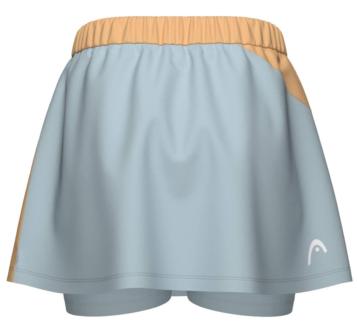 The HEAD Dynamic Women's Padel Skort in apricot and light blue features a peach elastic waistband, white logo detail, moisture-transfer microfibre for cool comfort, and 4-way stretch for easy movement.