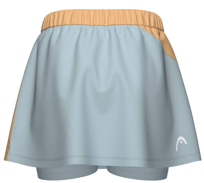The HEAD Dynamic Women's Padel Skort in apricot and light blue features a peach elastic waistband, white logo detail, moisture-transfer microfibre for cool comfort, and 4-way stretch for easy movement.