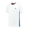 The K-Swiss Hypercourt Mix Melange Men's Padel T-Shirt in White/Stargazer features breathable fabric, short sleeves, a round neckline, small embroidered chest logo, and contrasting dark side panels, ideal for sports or casual wear.