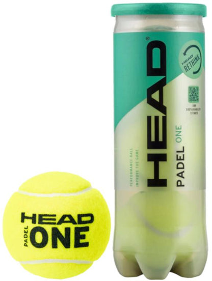A green tube labeled "HEAD Padel ONE" holds three performance padel balls, visible through a clear section. The yellow balls feature "Head One" in black, and the tube includes a "Rethink" circular label.