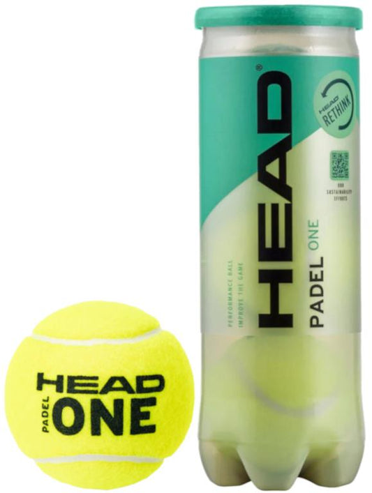 A green tube labeled "HEAD Padel ONE" holds three performance padel balls, visible through a clear section. The yellow balls feature "Head One" in black, and the tube includes a "Rethink" circular label.