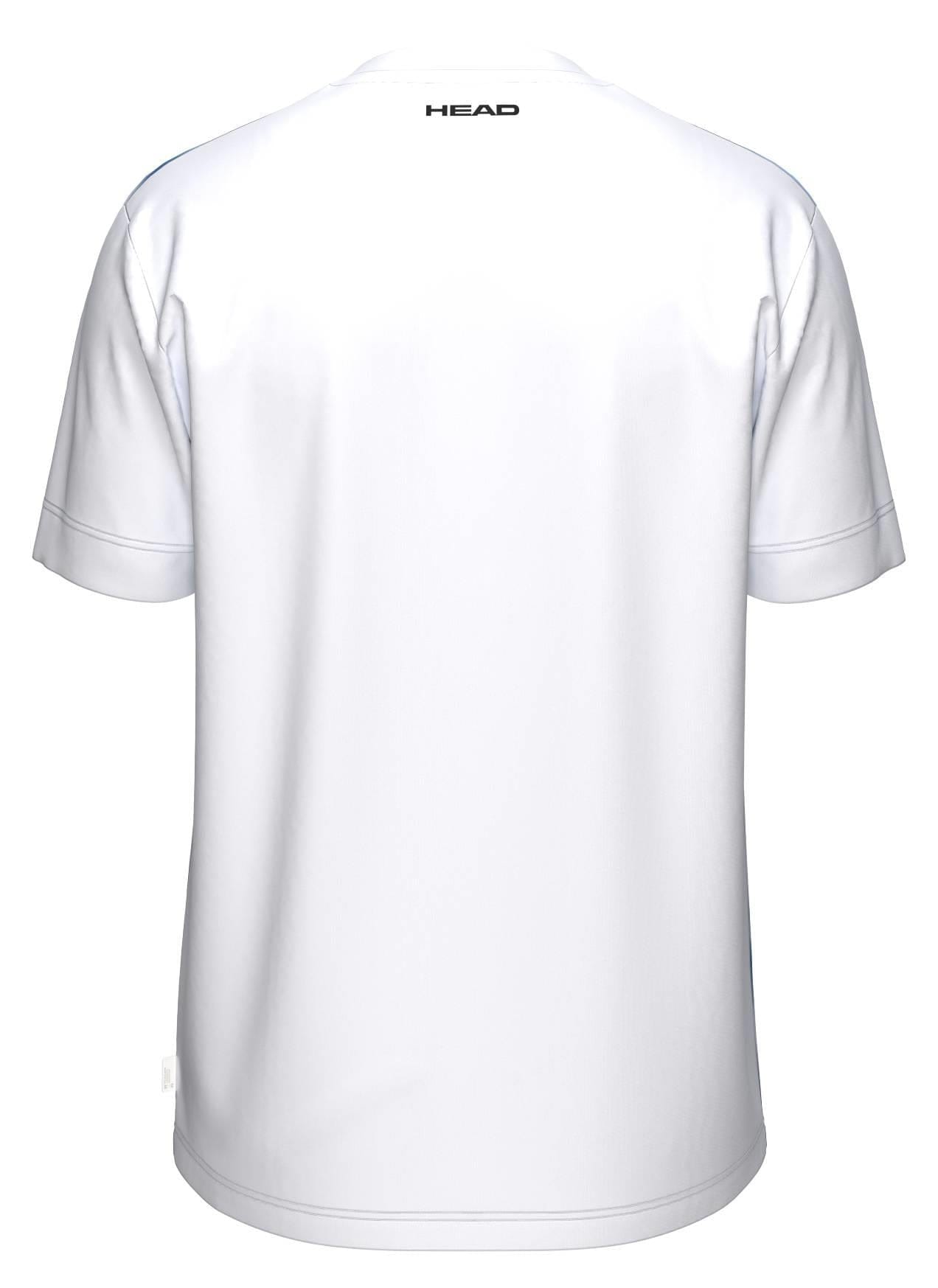 Back view of the HEAD Blur Mens Padel T-Shirt - ROXU by HEAD, a plain white short-sleeve athletic top with "HEAD" in black near the neck, designed for breathable comfort and moisture-wicking sportswear performance.