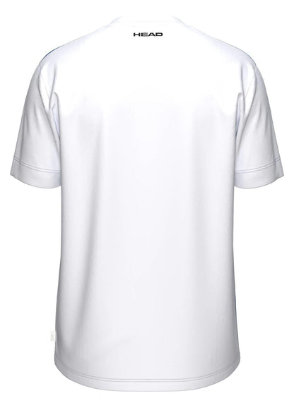 Back view of the HEAD Blur Mens Padel T-Shirt - ROXU by HEAD, a plain white short-sleeve athletic top with "HEAD" in black near the neck, designed for breathable comfort and moisture-wicking sportswear performance.