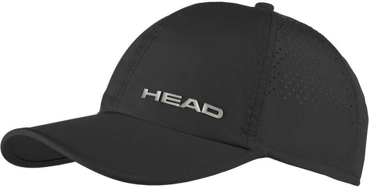 The HEAD Pro Player Padel Cap - Black features white HEAD branding on the front, side ventilation holes, a curved brim, and UV protection—ideal for outdoor play.