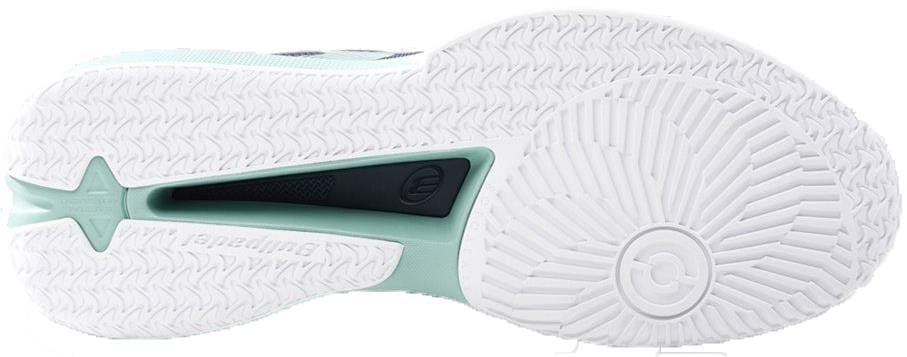 Close-up of the Bullpadel Neuron 26V Men’s Padel Shoes outsole, with white herringbone and circular tread, light mint green accent, and black insert—perfect for advanced players seeking top performance.