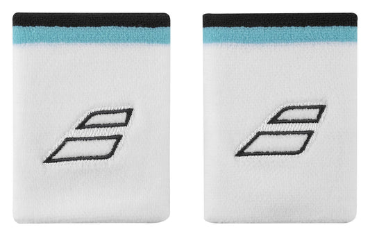 Introducing the Babolat Terry Jumbo Padel Wristband in White and Estate Blue, expertly combining comfort with an absorbent design. These wristbands feature black and turquoise stripes at the top, accented by a central black geometric logo. Enjoy their soft and plush texture for optimal comfort during any activity.