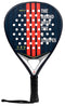 The adidas Match Blue 3.4 Padel Racket - Blue / Clear features an AllRound head shape, a dark surface with orange stripes, white circular holes, and a black handle with wrist strap. "The Brand with The Stripes" is highlighted on its design for secure gameplay.