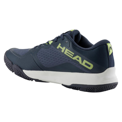 The HEAD Motion Team Men's Padel Shoes in navy and lime feature a white sole, the "HEAD" logo on the side, lateral control, and a textured design for 360-degree grip, ideal for padel enthusiasts.