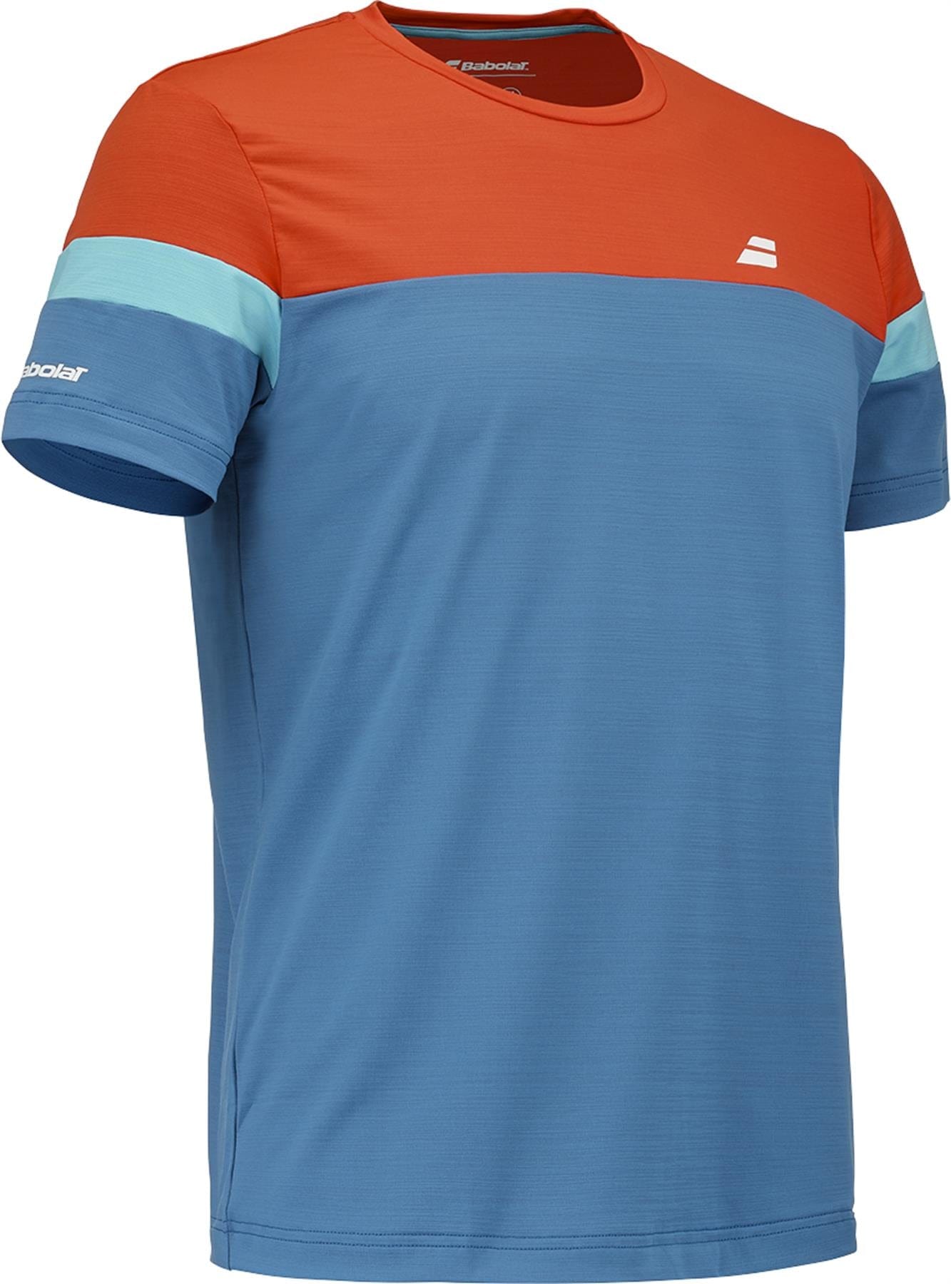The Babolat Crew Neck Men's Padel T-Shirt - Seaport features an orange upper chest and shoulders, light blue sleeve bands, a blue body, and white Babolat logos—ideal for comfort on the padel court.